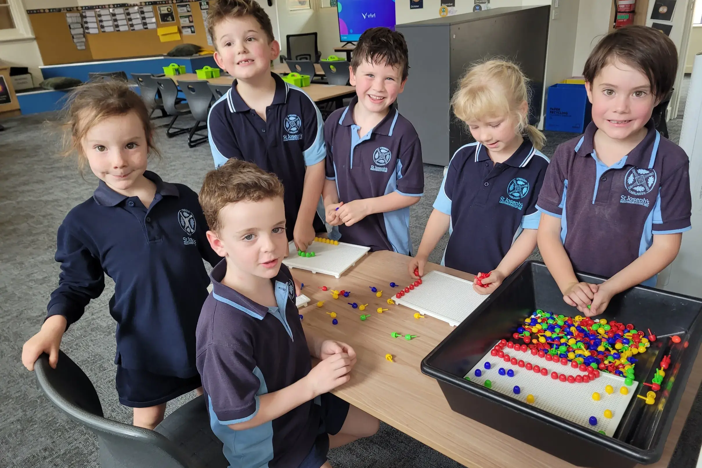 <p>EXCITED: St Joseph\\u2019s Primary School Foundation students Cian Kelly (seated), Luka Greenall (left), Angus Curtis, Tex Bijker, Nevaeh Tait and Anton Chambeyron settled in well at the term 1 start this year as they started their primary school education. PHOTOS: Coral Cooksley  </p>\\n