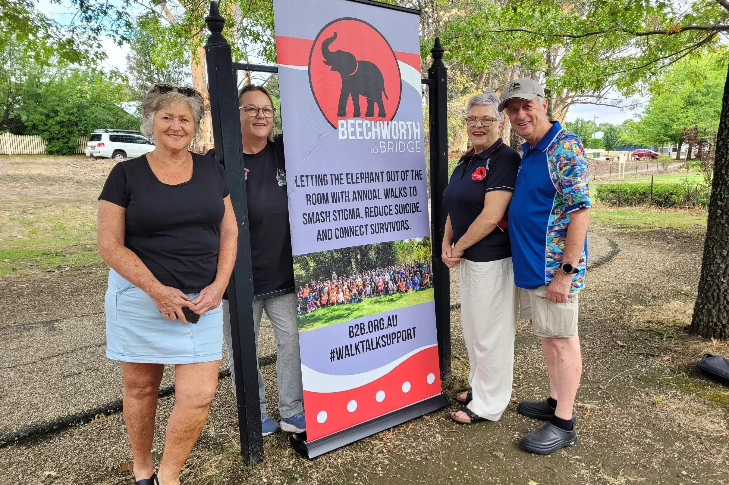<p>STARTING POINT: B2B committee members Jenny Chambeyron (left), Helen Lowndes with Robyn and Neil Funston at the Albert St start of the walk on Saturday 28 March. PHOTO: Coral Cooksley</p>\\n