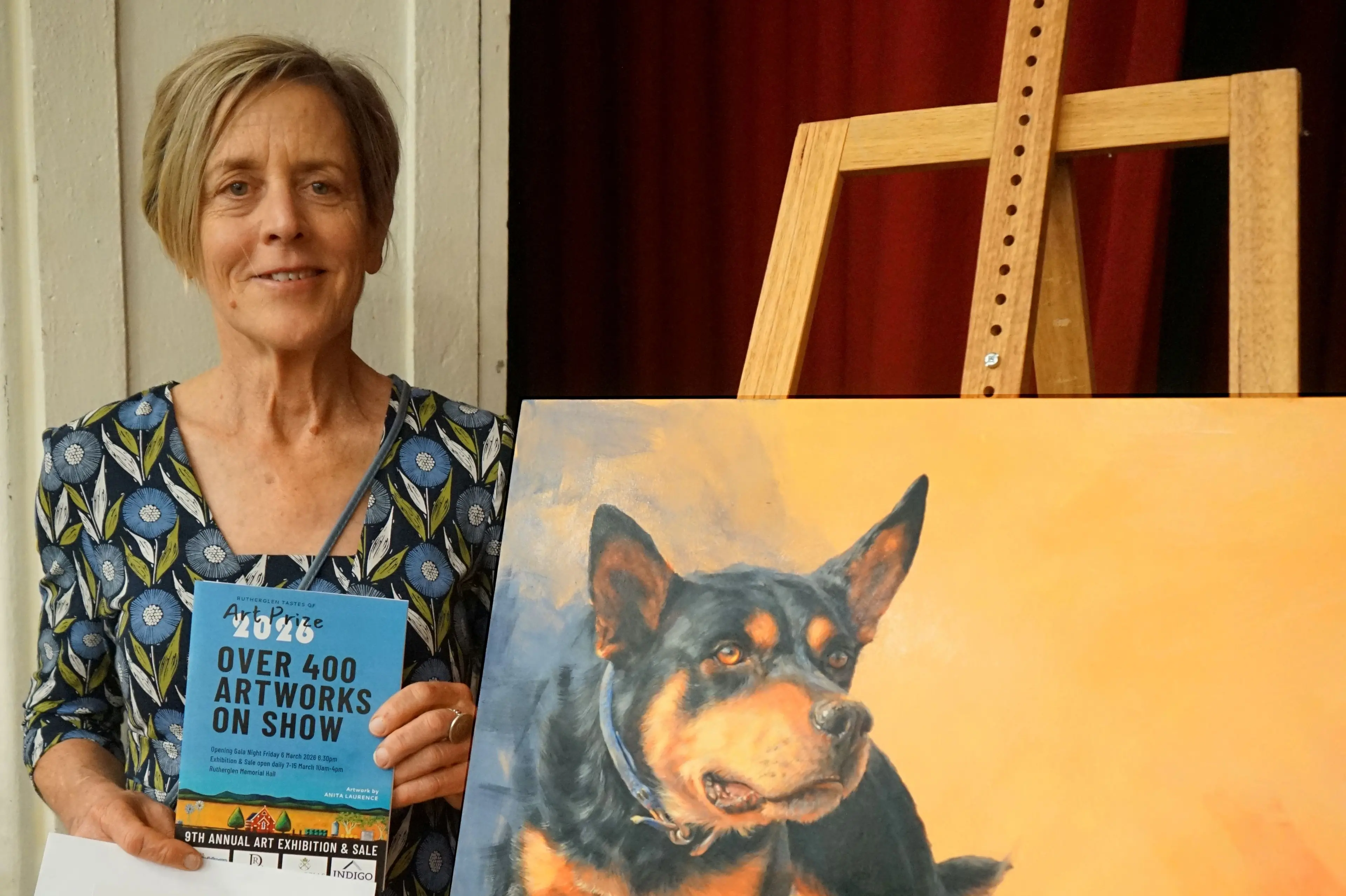 <p>DELIGHTED: Artist Susie Goodyear from near Rutherglen clinched first prize in the Painting / Mixed Media category with her painting of kelpie Rosebank Grizzly in the Taste of Art prize. PHOTO: Carley Alchin</p>\\n