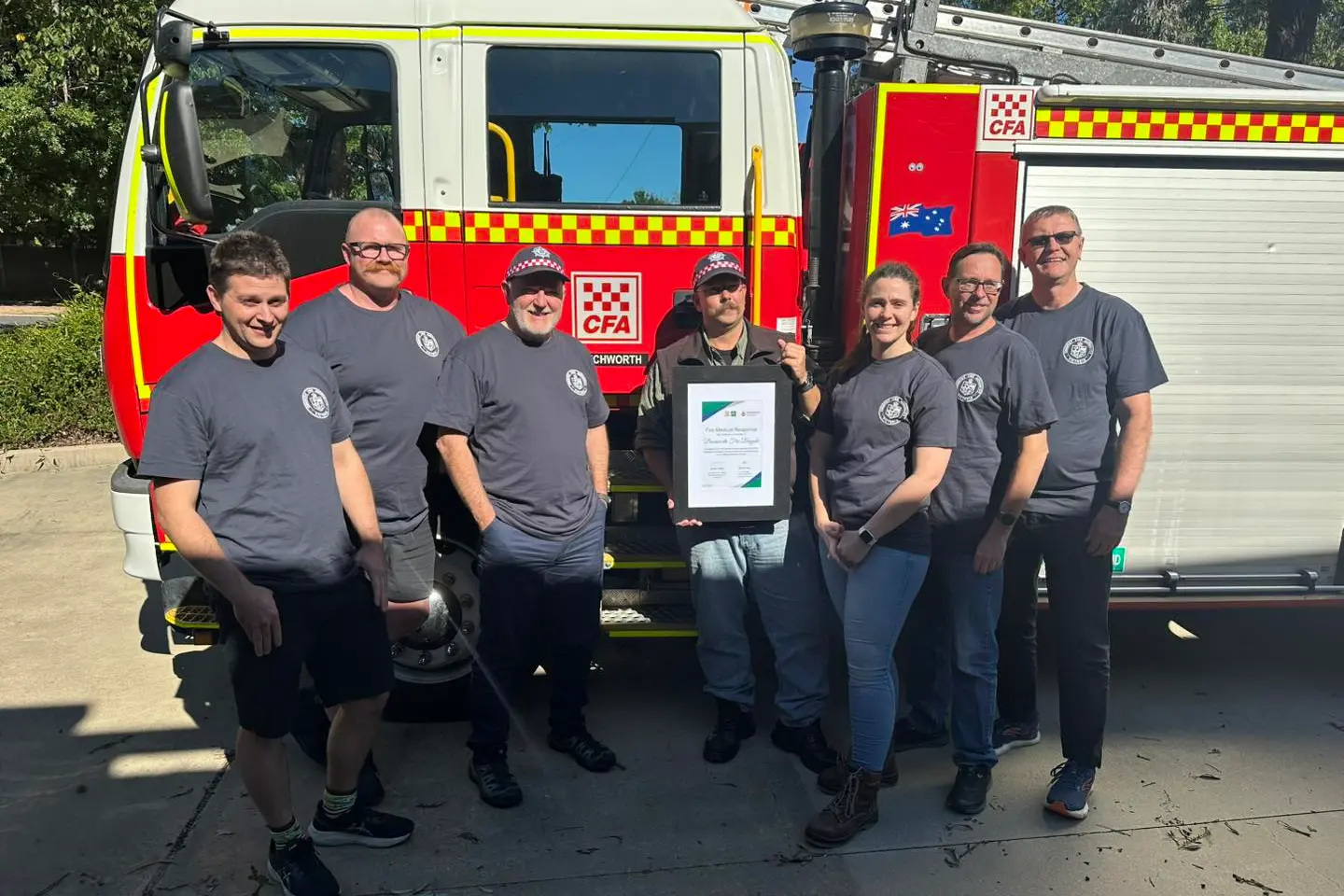 <p>FIRST RESPONDERS: Beechworth Fire Brigade members Josh Kardol (left), Damian Jones, Michael Curtin, Travis Nicholson, Hannah Hunt, Andrew Savvy, and Brad Buckingham received accreditation for completing training under the Fire Medical Response program. PHOTO: Beechworth Fire Brigade</p>\\n