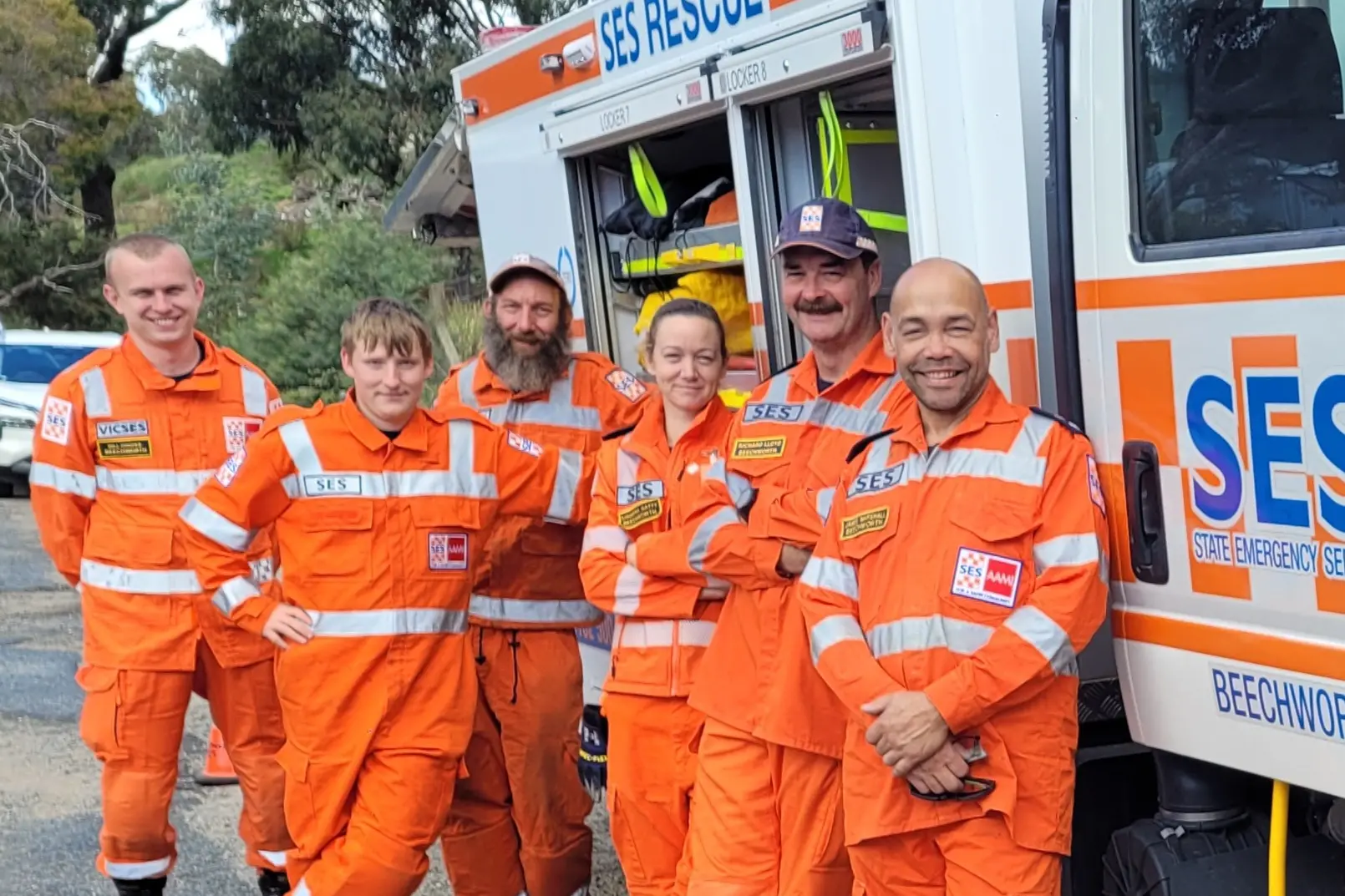 <p>TEAMWORK: Beechworth SES unit volunteers Will Groves (left), Daniel Noble, Flynn Ackland, Samantha Gatty, Richard Lloyd and James Marshall had all hands-on deck to chat to people and show them around at the recent open day.</p>\\n