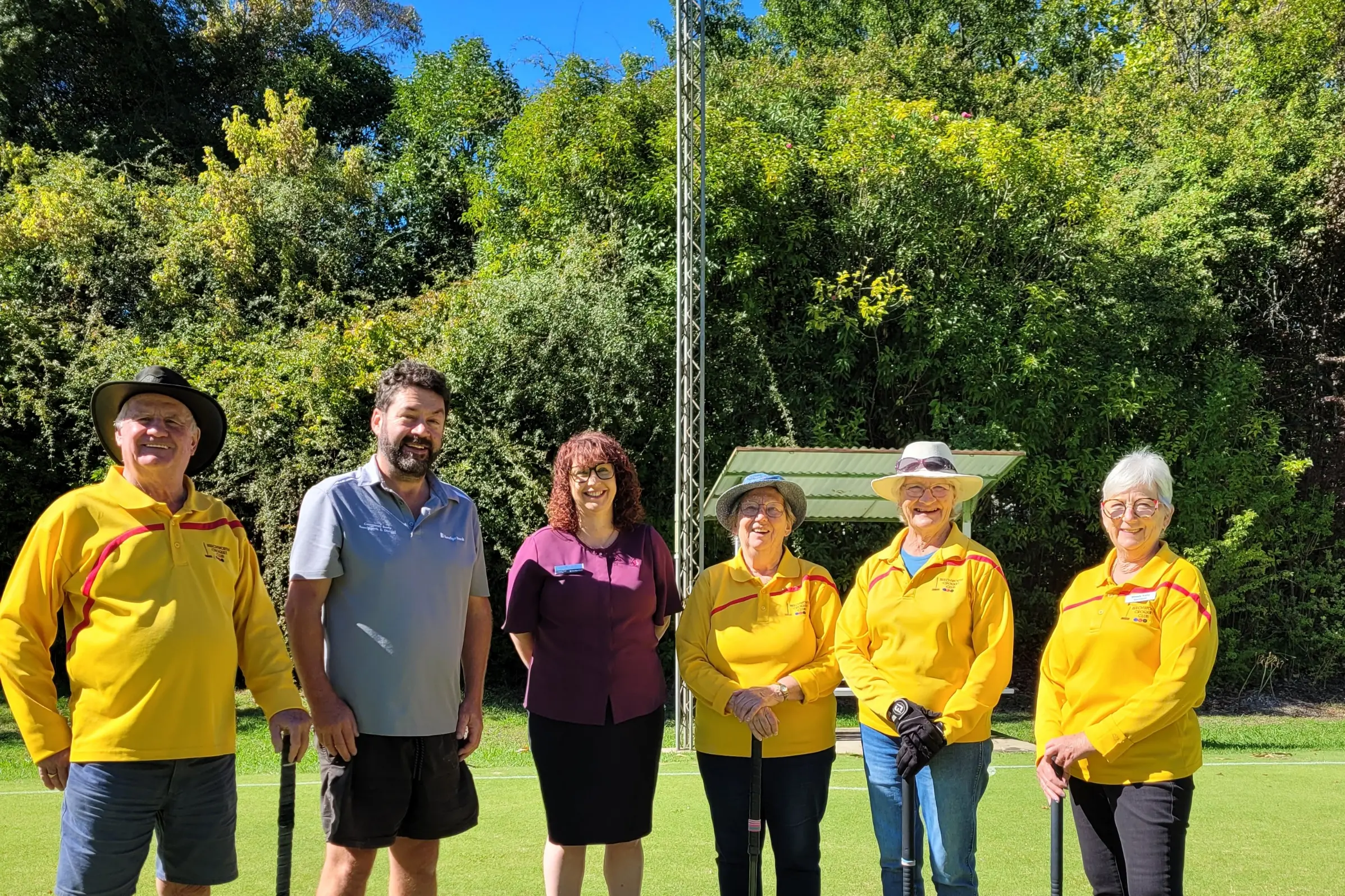 <p>ALL SMILES: Beechworth Croquet Club president Allan Holt (left), Community Bank Beechworth and District (Bendigo Bank) Board chair Ben Merritt, bank manager Shea Elligate with club members Janeen Renfree, Sue Rue and Wendy Kelly are delighted with the new outdoor lighting. PHOTO: Coral Cooksley</p>\\n