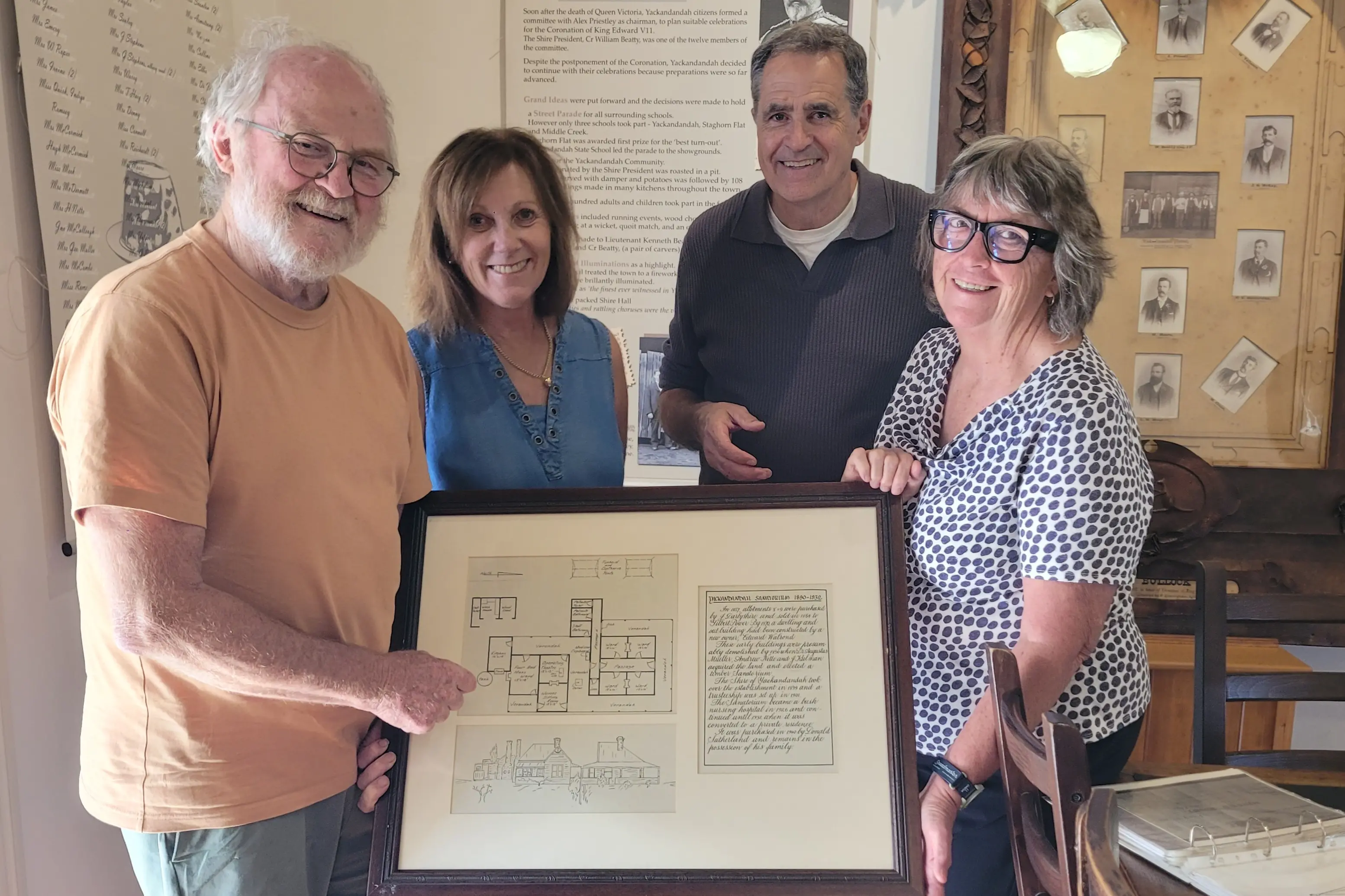 <p>HISTORY BUFFS: Yackandandah\\u2019s Doug Westland (left) with Lisa Greenwood, Geoff Simmons and Karen Keegan have been working to celebrate the 100-year anniversary of the Bush Nursing Hospital and circumstances that led to its establishment. PHOTO: Coral Cooksley</p>\\n