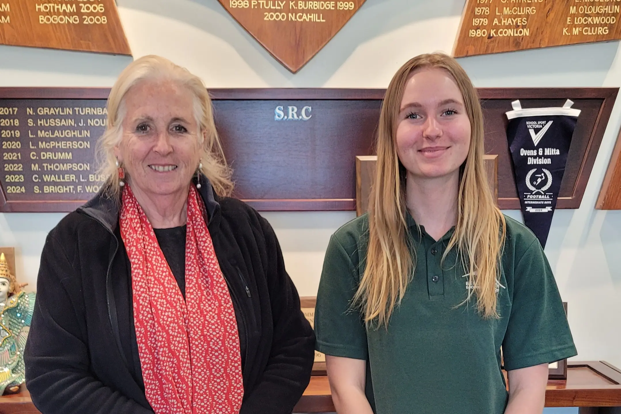 <p>AU REVOIR: Liana France at Beechworth Secondary College in her last week of first term with principal Patricia Broom. PHOTO: Coral Cooksley</p>\\n