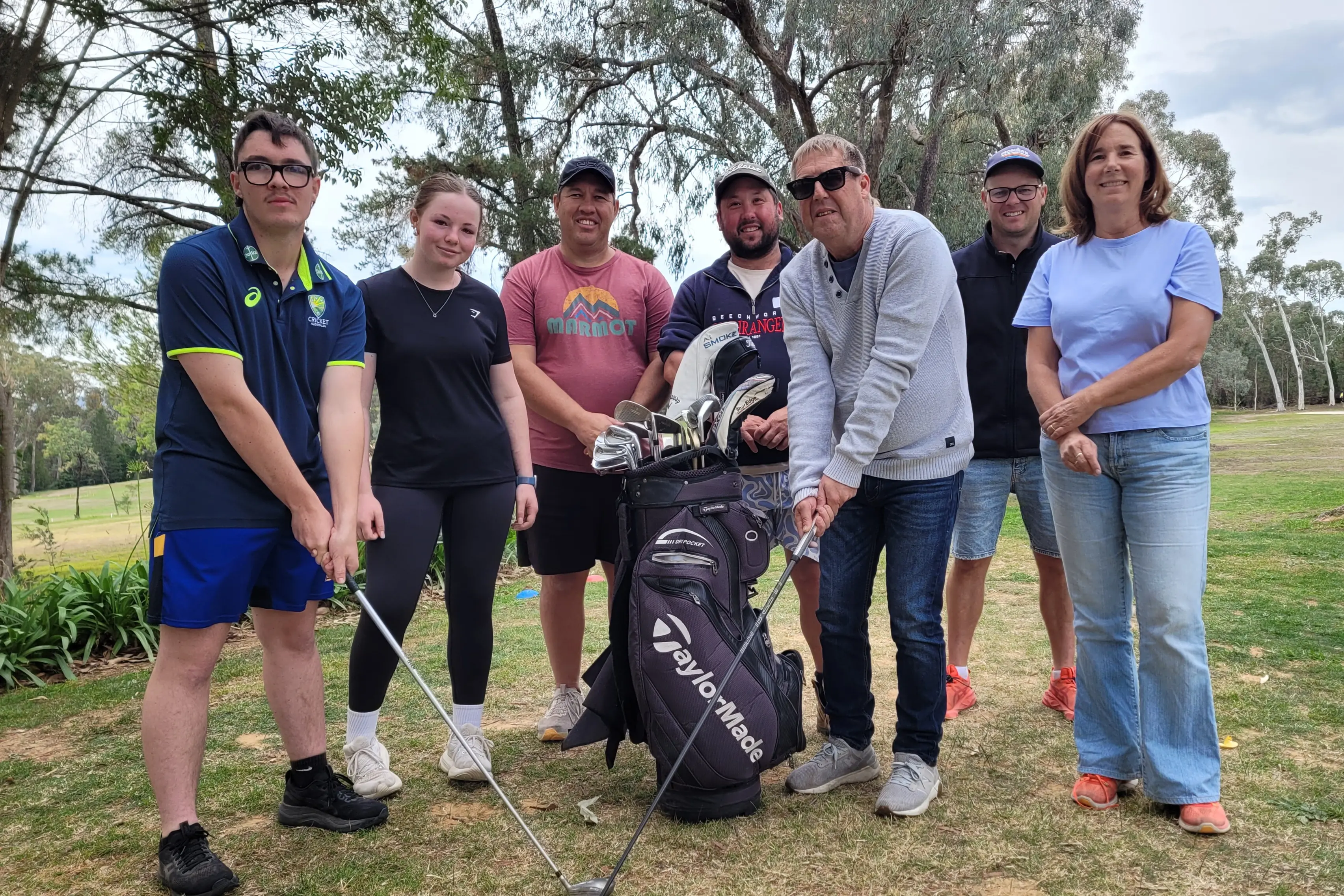 <p>TEE OFF: Toby Hartshorn (left), Daisey Sutherland, Chris Hartshorn (Toby\\u2019s dad), Dylan Pool, James Atkin, Matt Kent, and Jenny Caulfield (James\\u2019 caddie) at the \\u2018Come and Try Day\\u2019 held at Beechworth Golf Club earlier this month. PHOTO: Coral Cooksley</p>\\n