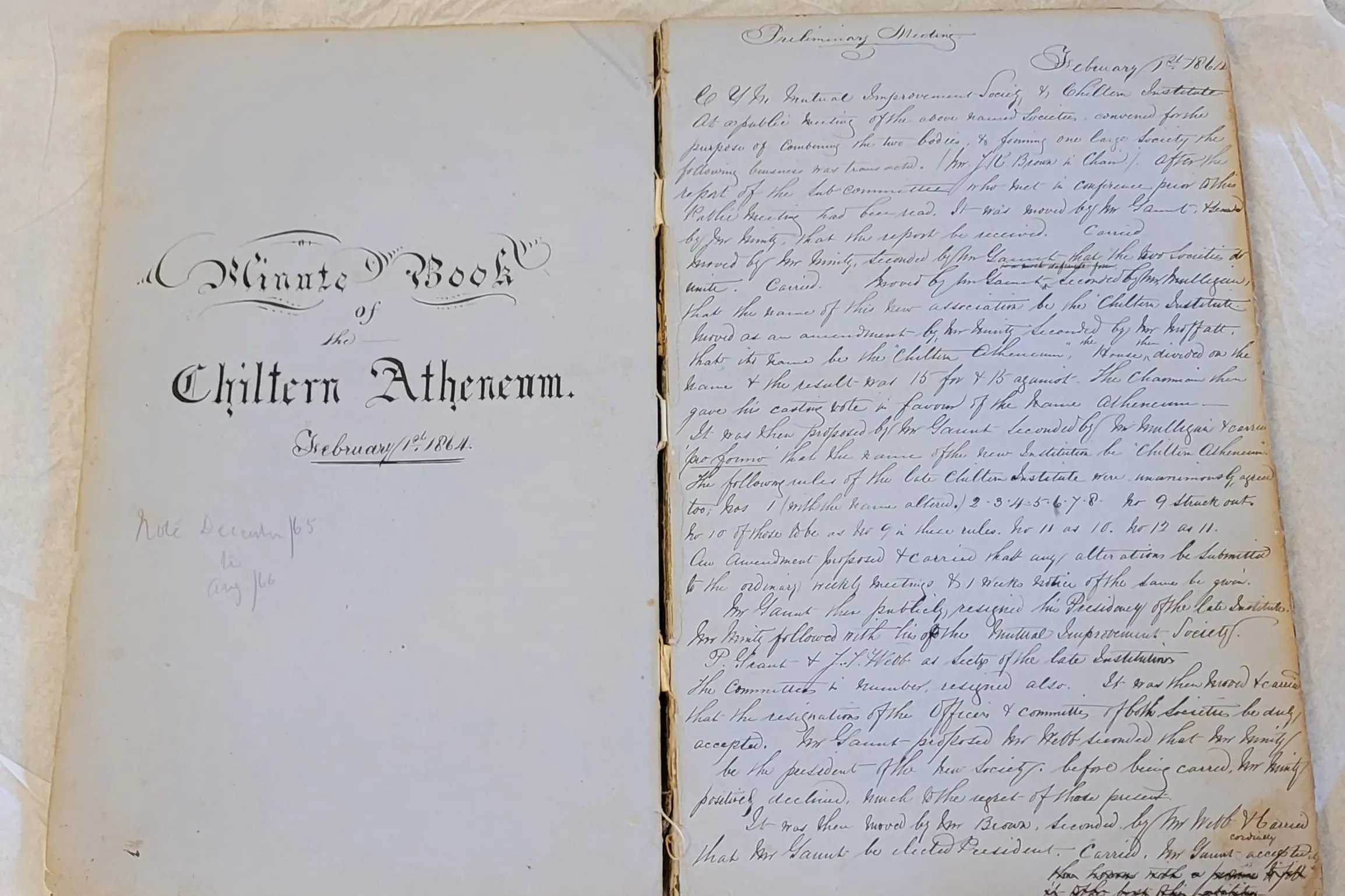 <p>EXTRAORDINARY FIND: Historical minute book dated 1864 recording when the Chiltern Athenaeum started. PHOTO: Coral Cooksley</p>\\n