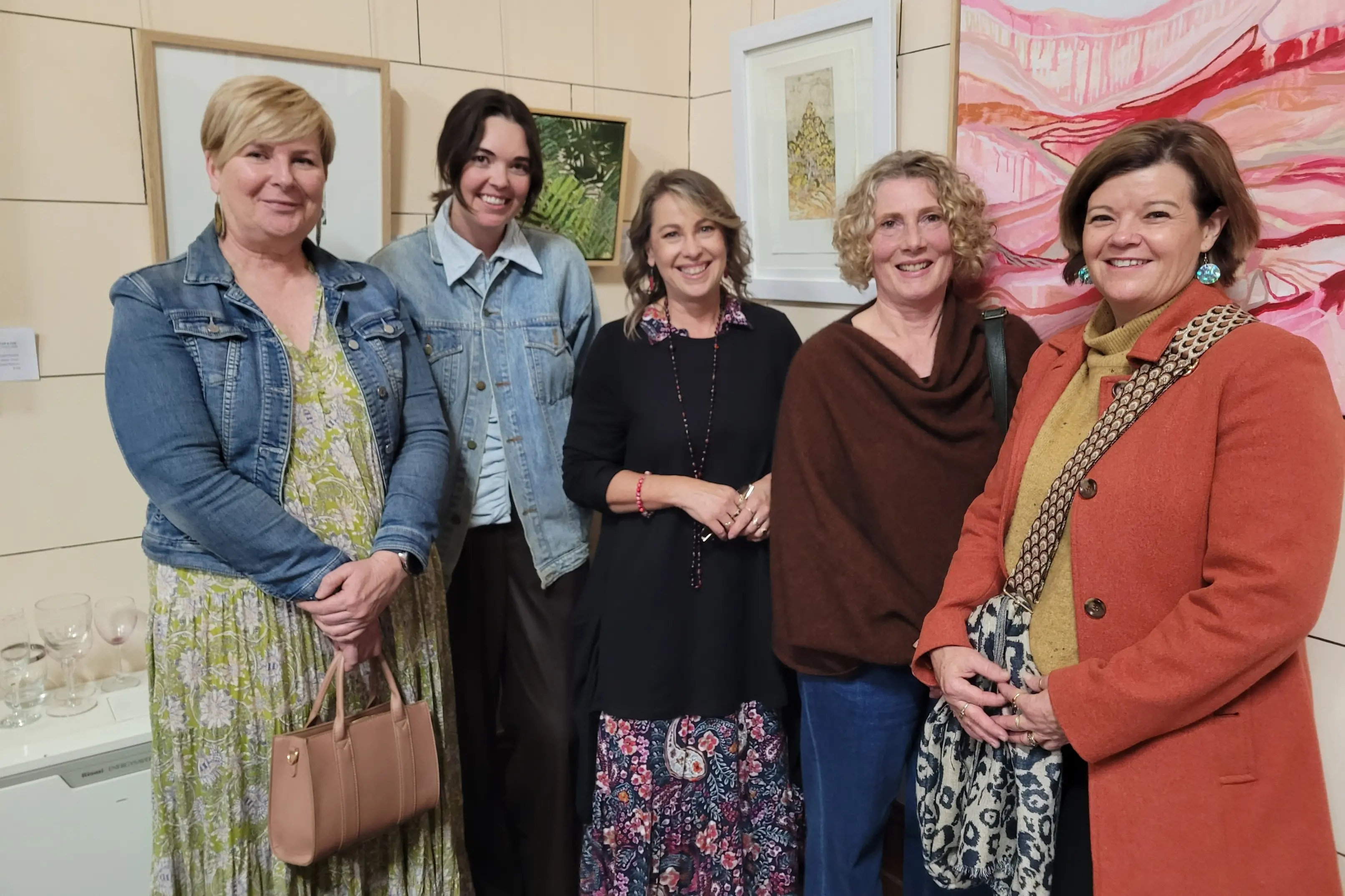 <p>SUPPORTED: Jan Mahood (left), Megan Peirce, artist Fiona Larkings, Michelle D\\u2019Antonio and Sherryn Chapman at the \\u2018Near and Far\\u2019 official art exhibition opening on 6 June. PHOTO: Coral Cooksley</p>\\n