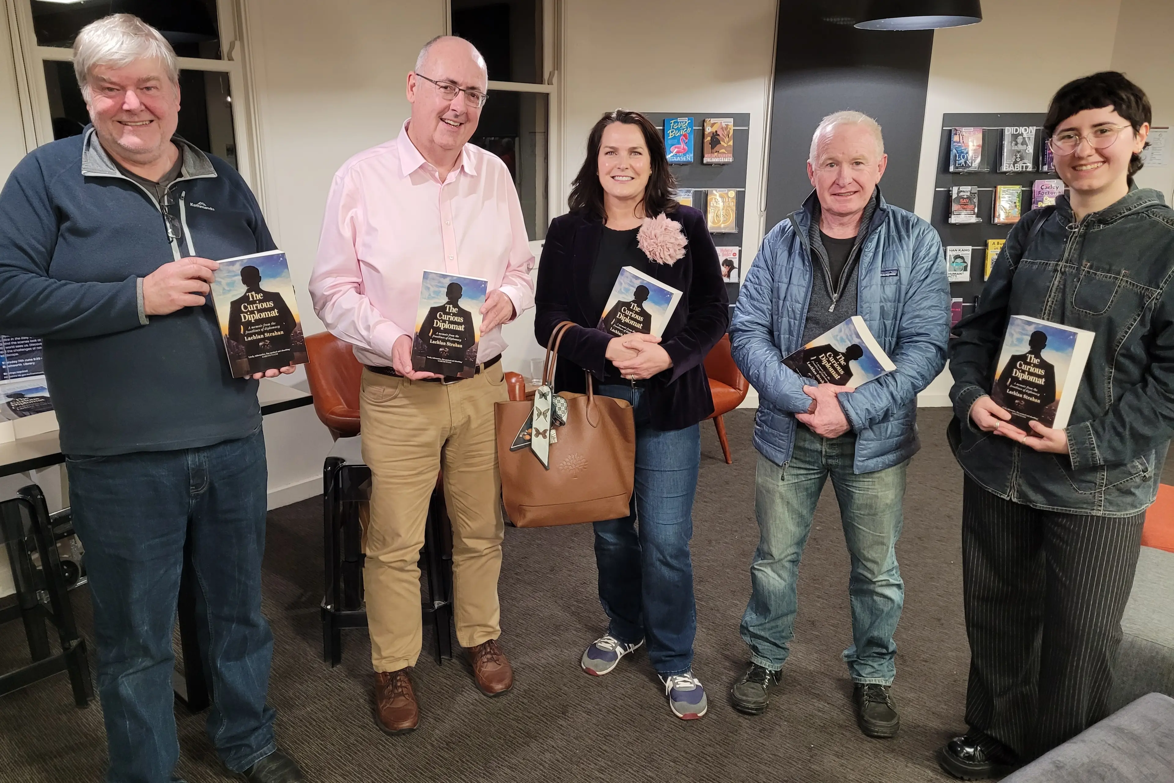 <p>INTRIGUED: Beechworth Book\\u2019s Charles Dean (left), author and former Australian diplomat Lachlan Strahan, locals Julie Wiggins and David Morgan with Lachlan\\u2019s daughter Katya at last week\\u2019s library talk. PHOTOS: Coral Cooksley</p>\\n