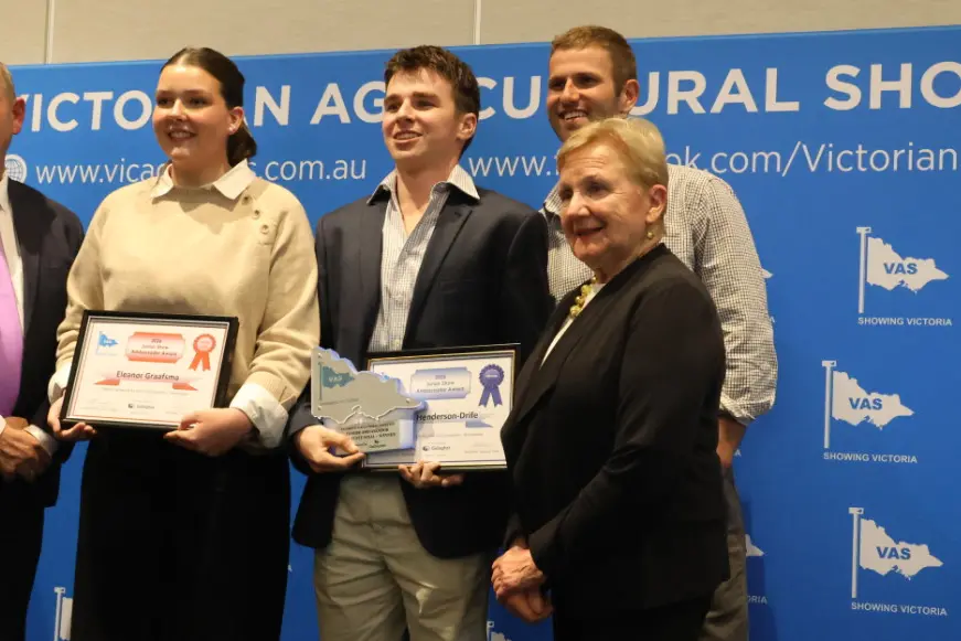 <p>WINNING FORM: Judges Tim McCurdy MP (left), Harry Lloyd state Rural Ambassador and Cr Irene Grant with the VAS Junior Ambassador runner up Eleanor Graafsma from Warragul and winner Max Henderson-Drife from Clunes.</p>\\n