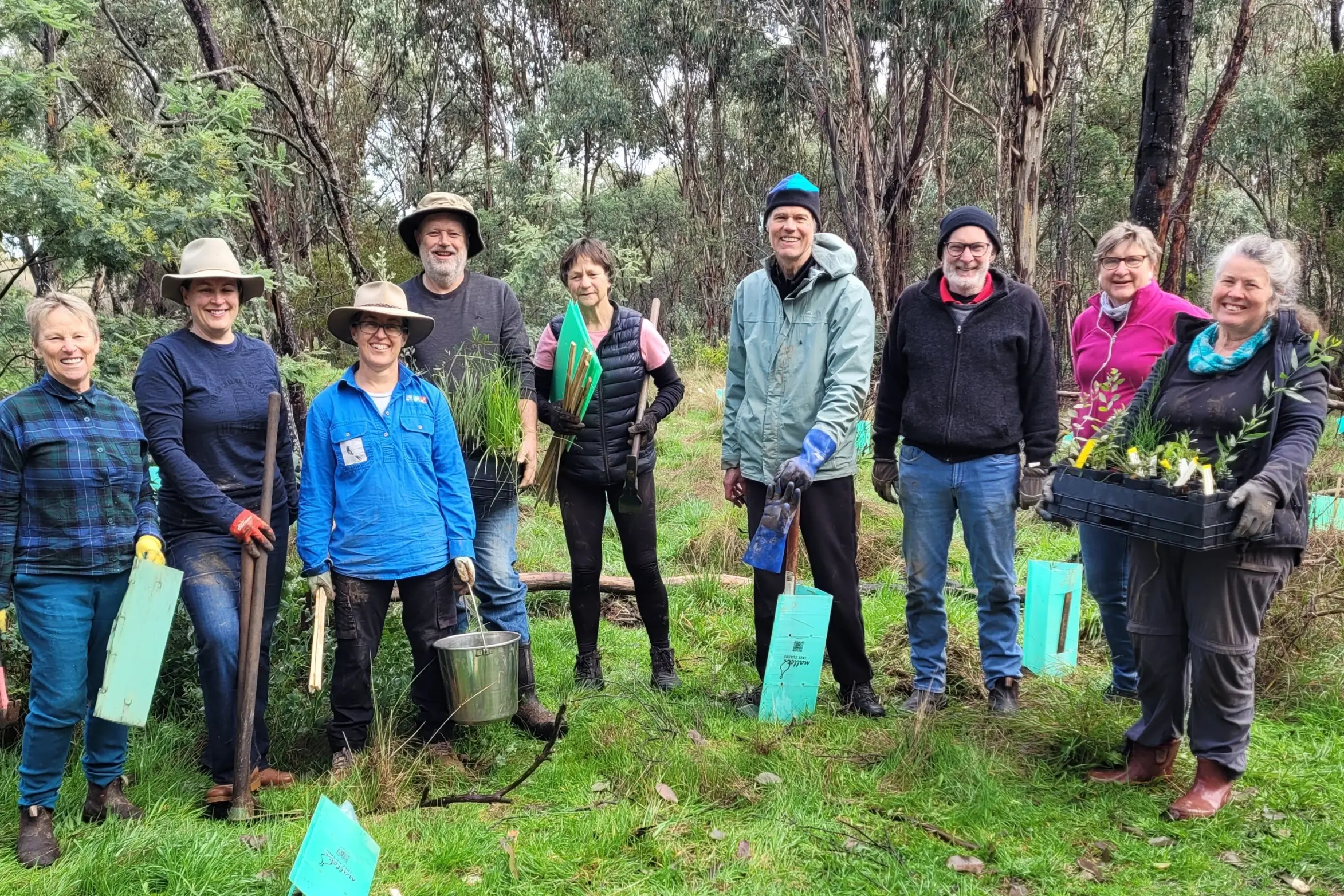 <p>DUG IN: Beechworth Landcare members Libby Hosking (left), Lou Ritchie, Nicki Munro, Russell James, Nada Guyatt, John Bennett, Peter Matthews, Helen Robinson and Elke Jasper at Sunday\\u2019s planting project. PHOTOS: Coral Cooksley</p>\\n