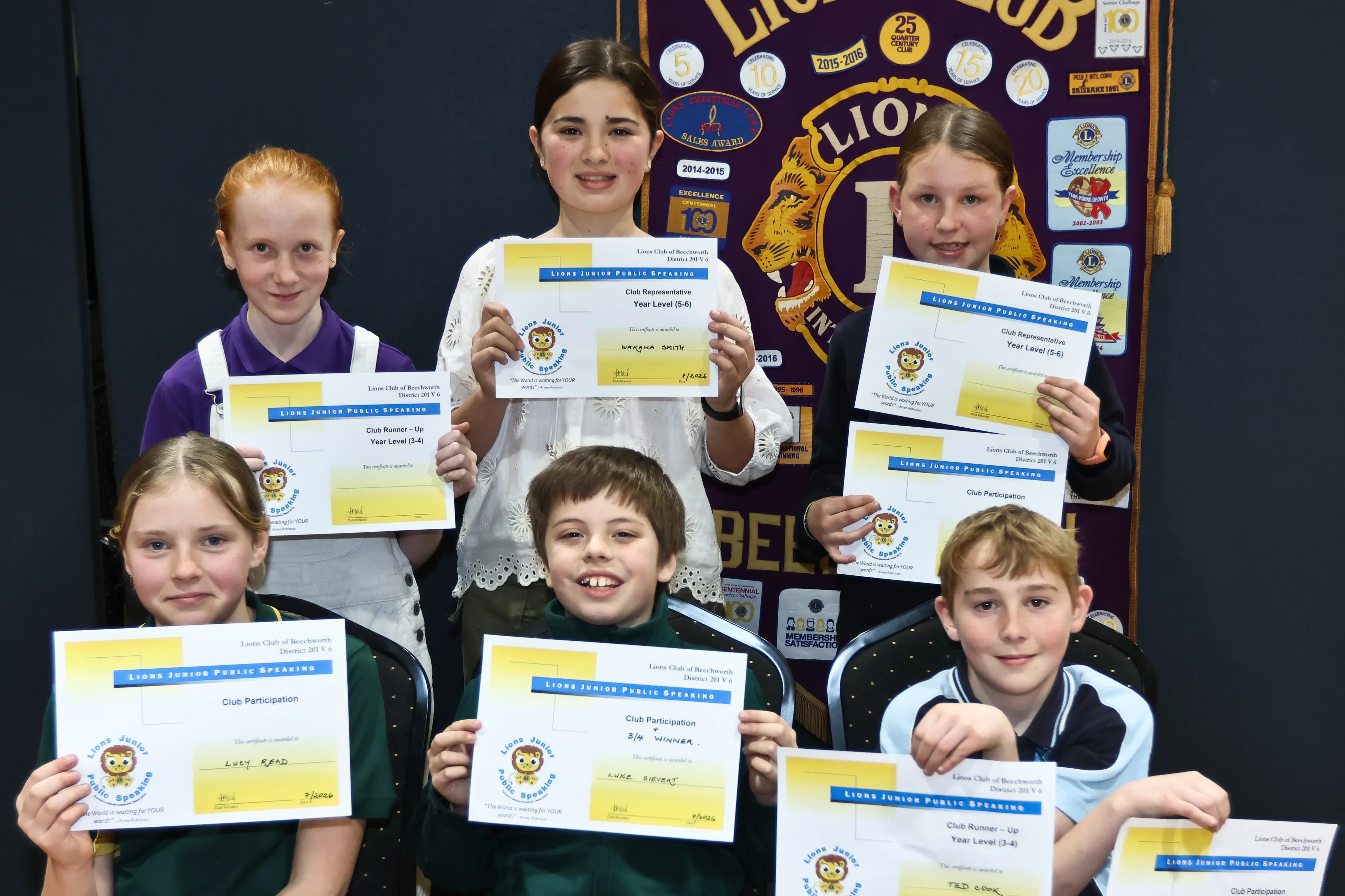 <p>EXCITED: Happy contestants Lucy Read (front left), Luke Sievert and Ted Cook with Ellah Rose Draper (back left), Wakana Smith and Vivian Cleeve at the junior public speaking competition on Sunday. PHOTO: Gary Coombe</p>\\n