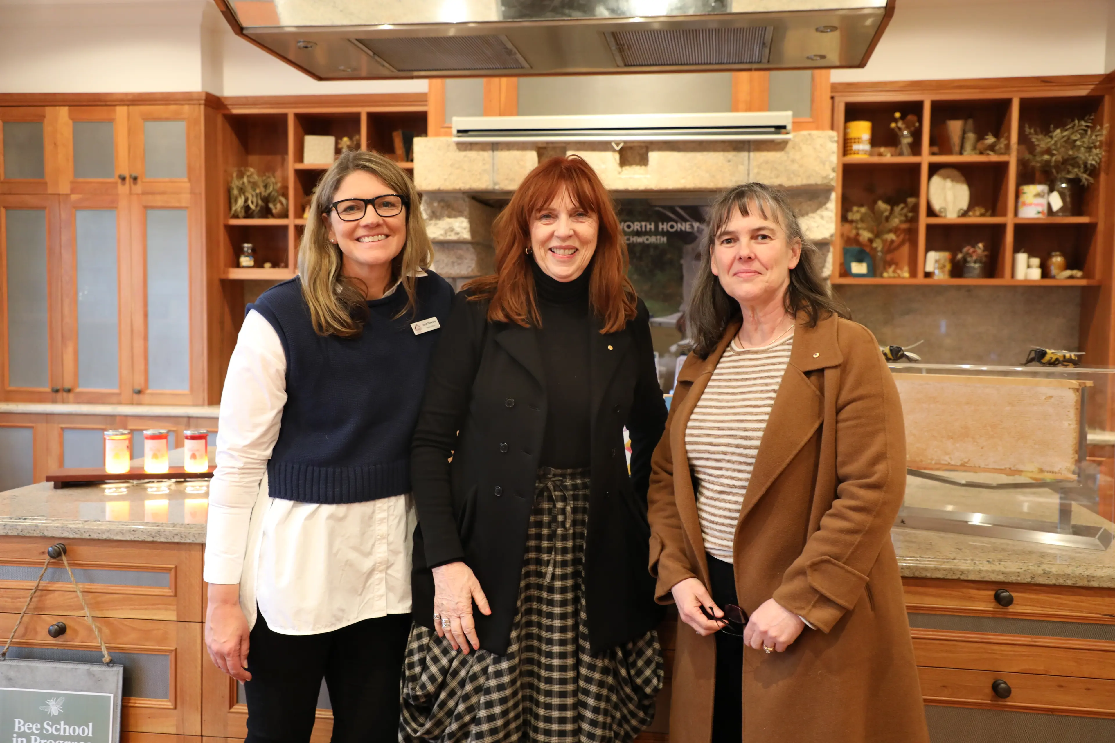 <p>75125.0SWEET TIMES: Indigo Shire councillor Jane Dowsley (left) and Beechworth Honey\\'s Jodie Goldsworthy (right) with Victorian Governor Professor Margaret Gardner in Beechworth. </p>\\n