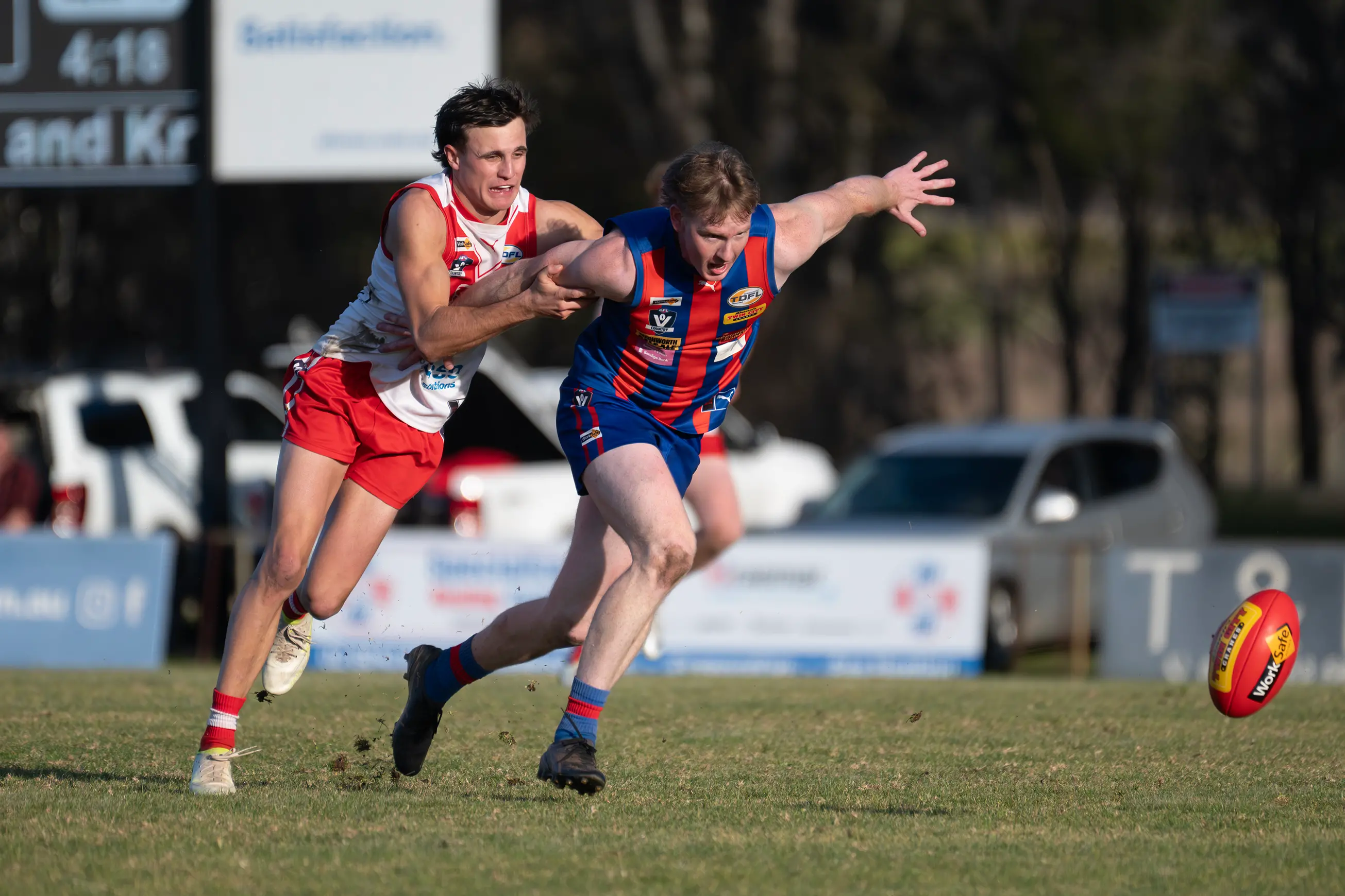 <p>HOT FOOTY: Connor Stone and William Shannon battle for the loose footy during the Swans\\' 38-point win last weekend. PHOTO: Melissa Beattie</p>\\n
