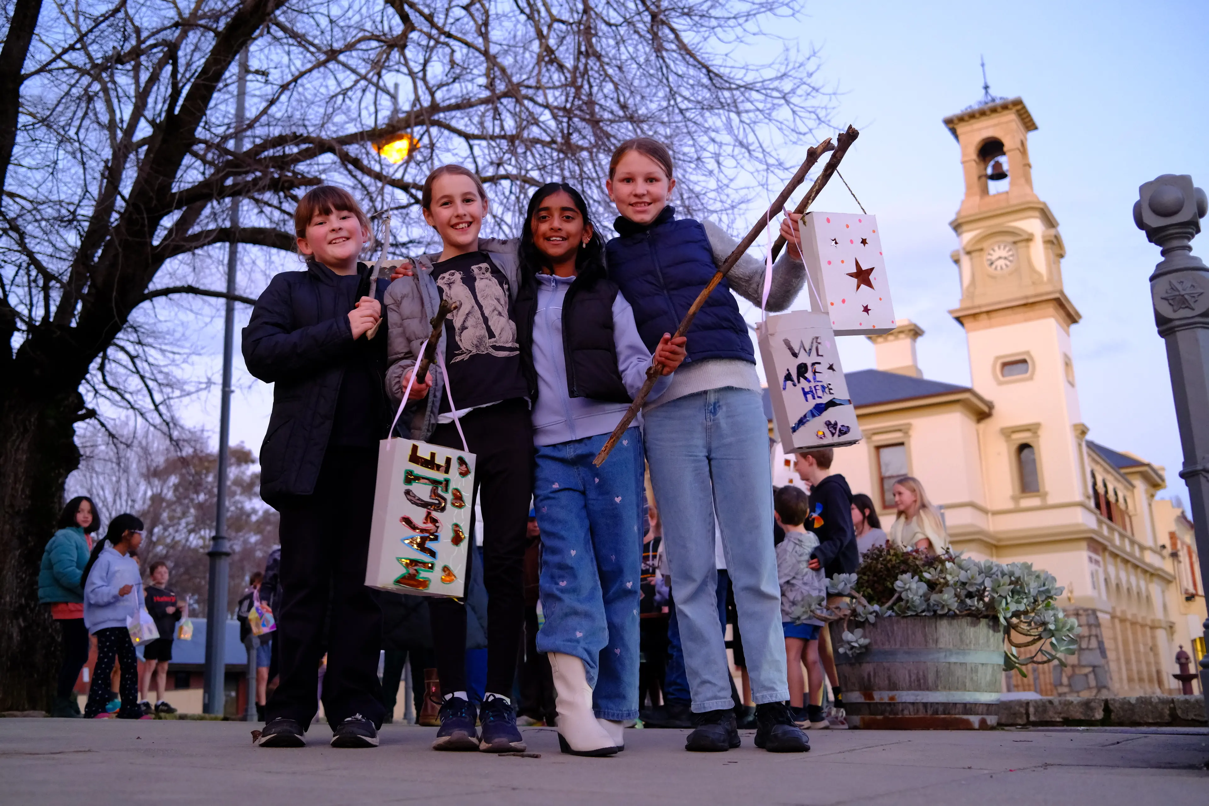 <p>COMPASSIONATE KIDS: St Joseph\\u2019s Primary School students Freyja Bijker (left), Maggie Oosthuizen, Merin Thomas and Vivian Cleeve at last Friday evening\\u2019s \\u2018Candlelight for Compassion\\u2019 walk. PHOTO: Matthew McKenzie</p>\\n