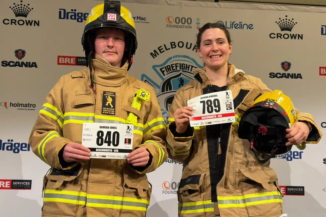 <p>ALL SMILES: Beechworth Fire Brigade volunteers Flynn Ackland and Hannah Hunt finished a gruelling stair climb in Melbourne to to raise vital dollars for cancer research and crisis support. </p>\\n