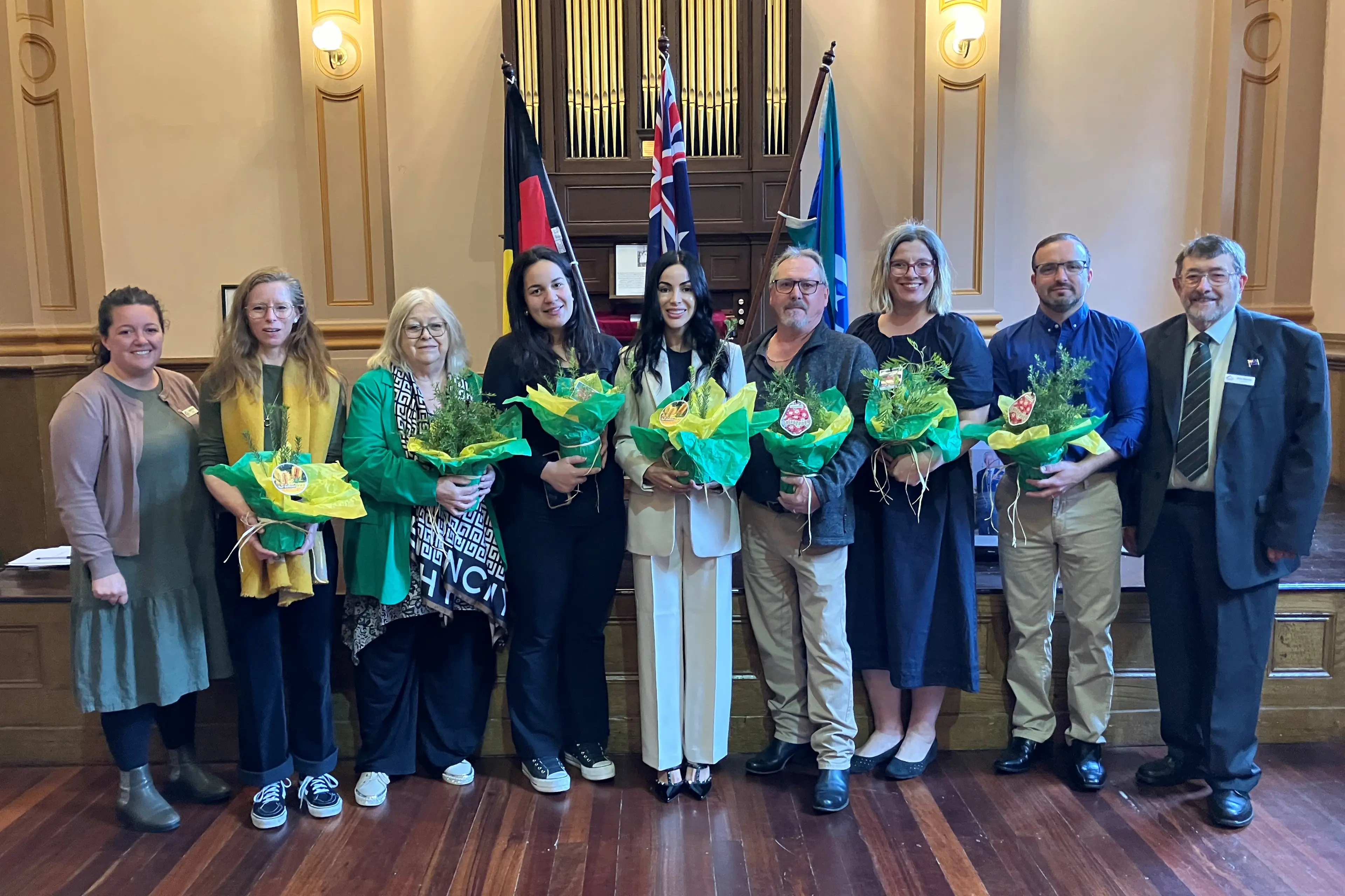 <p>WELCOME: Mayor Sophie Price (left) and Cr John Harvey (right) with new citizens Monique Wagemakers, Carolyn Tozer, Ikeylia Dryfhout-Kokaua, Carolina Obando Velasquez, John Johnson, Annika Bunz and Daniel Carey at the citizenship ceremony in Beechworth. PHOTO: Indigo Shire Council.</p>\\n