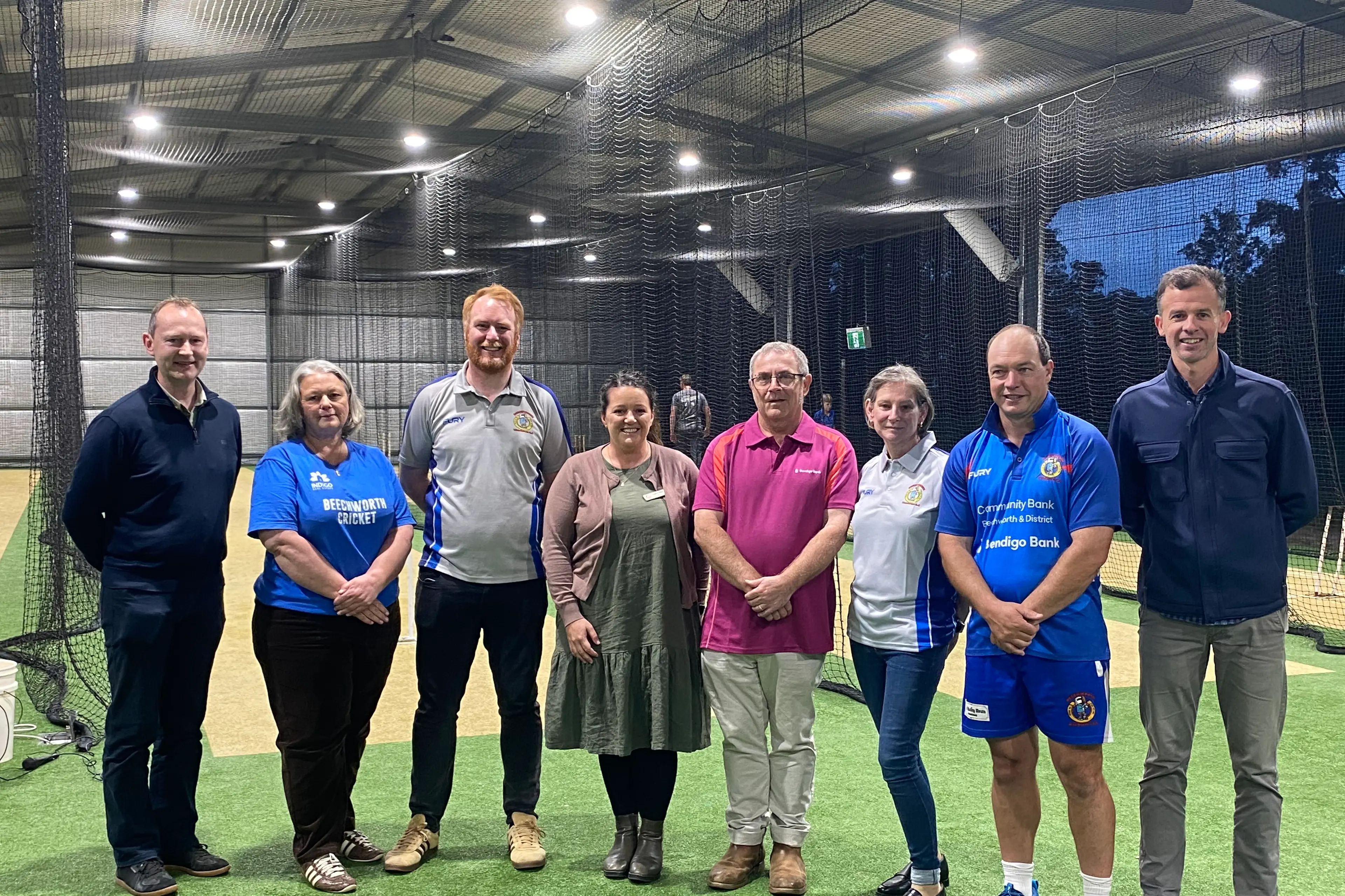 <p>A TRUE TEAM EFFORT: The Beechworth Wanderers Cricket Club recently celebrated the official opening of the Bendigo Bank Indoor Cricket and Sports Centre with representatives of many groups and organisations who made it possible. Pictured are Owen Kerlin (left, Indigo Shire\\'s project manager for the facility), Andrea Belci (BWCC committee member), Lewis Richards (BWCC president), Mayor Sophie Price, John Sheehan (Community Bank Beechworth & District Board director), Katie Warner (BWCC secretary), Brenton Surrey (BWCC committee member), Mark Di Campo (Indigo Shire council community development coordinator).</p>\\n