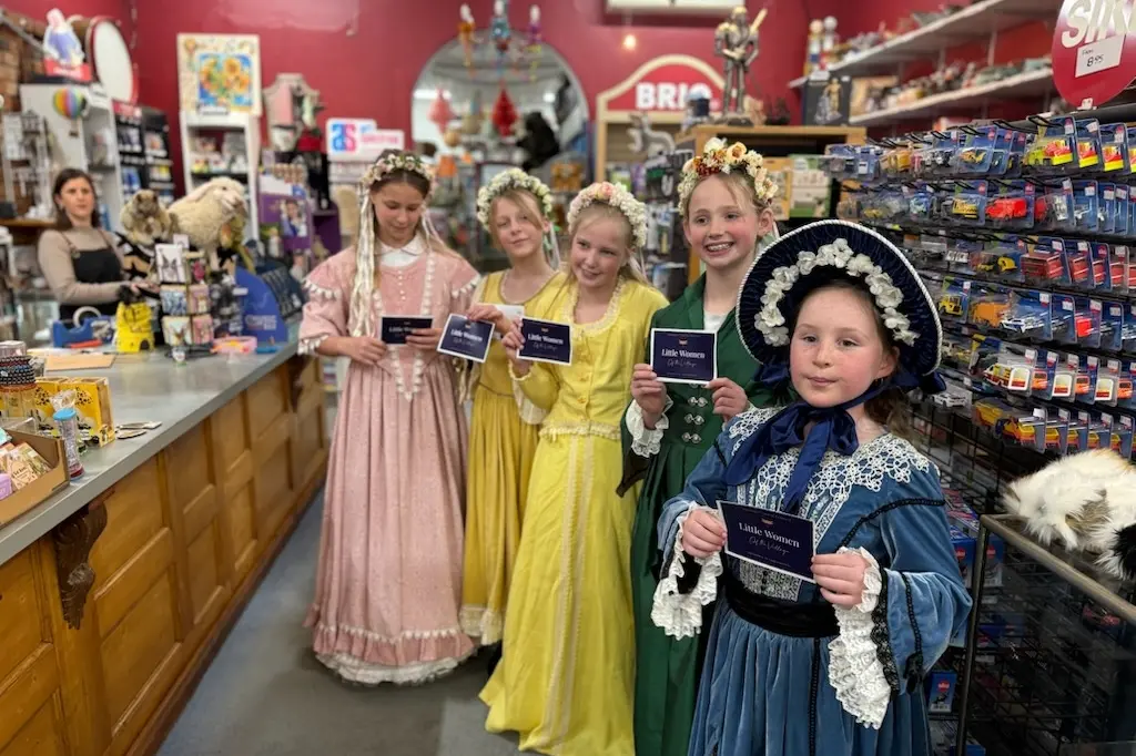 <p>EXCITED: Young actors in this weekend\\u2019s performances of \\u2018Little Women in the Village presented by Stanley\\u2019s Dragonfly Theatre walked around town last week with local costume maker Ute Jeffcott to promote the play.</p>\\n