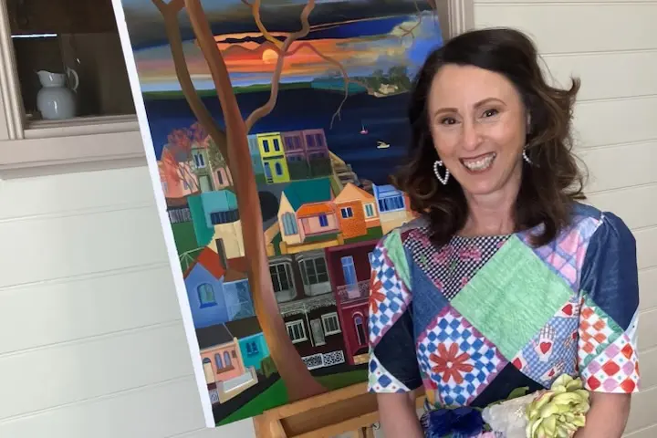 <p>CREATIVE: Local artist Patricia Doughty with a painting \\u2018Lockdown\\u2019 in oil on canvas with the work in her exhibition running at The Stables in Beechworth this month. </p>\\n