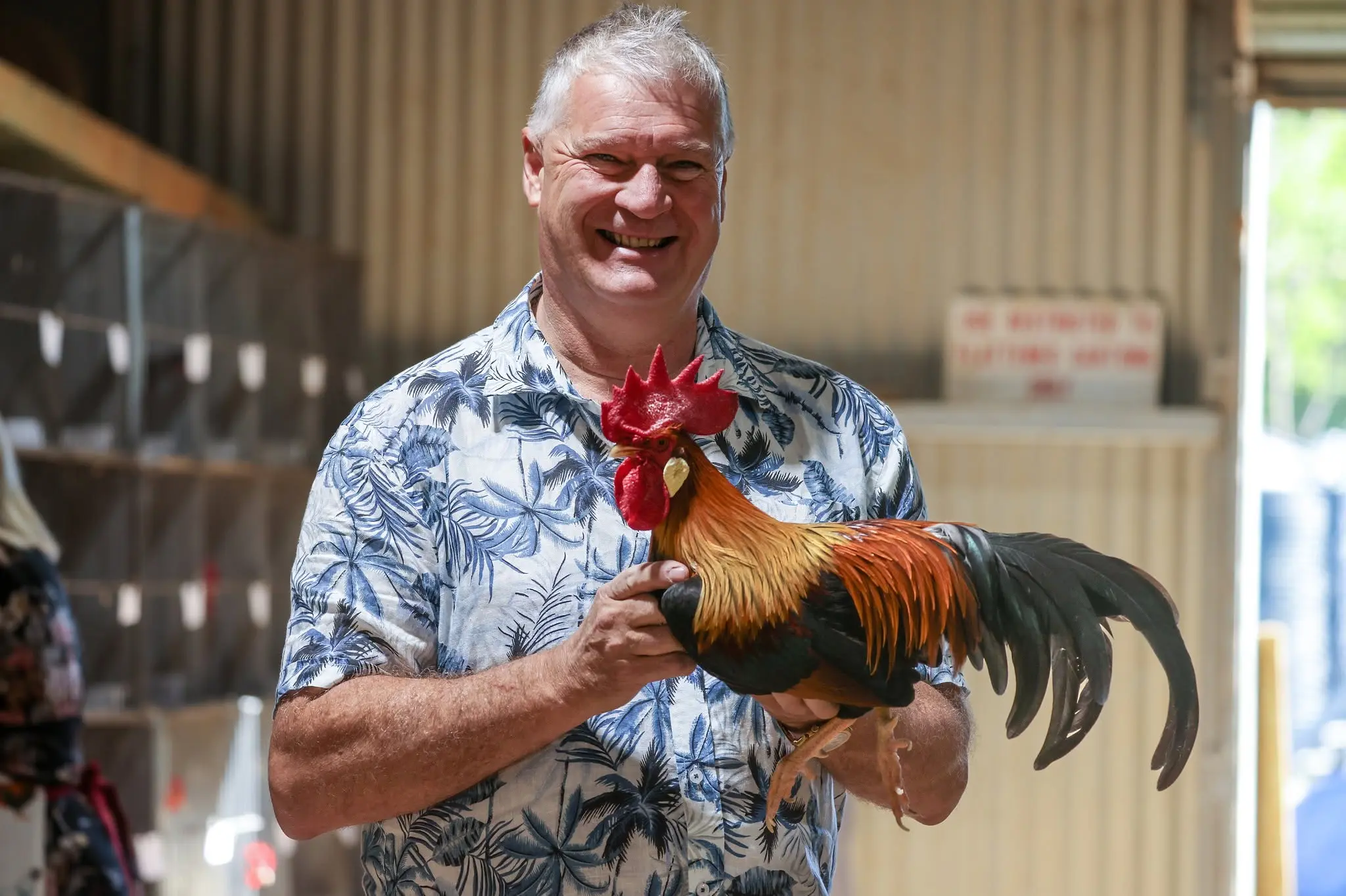 <p>ALL SMILES: Wangaratta\\u2019s Michael Holmes with his brown leghorn bantam rooster at the Rutherglen Agricultural Show on Saturday. PHOTO: Ann Killeen</p>\\n